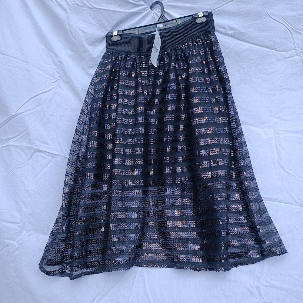 Black sequin striped tulle formal fancy dressy flary midi knee length chic skirt